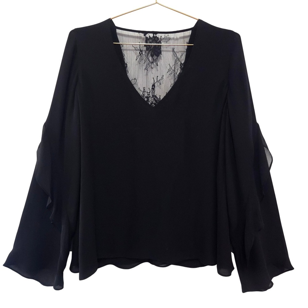 Parker Black Silk Lace V-Neck Ruffle Bell Sleeve Blouse Top‎ Small RN145761